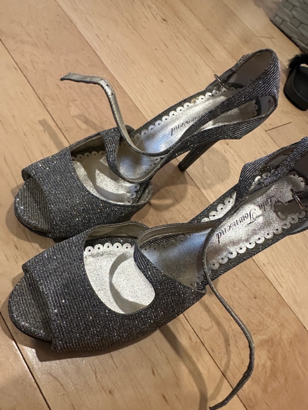 Lulu Townsend Silver Glitter Peep-Toe Stilettos with Ankle Strap